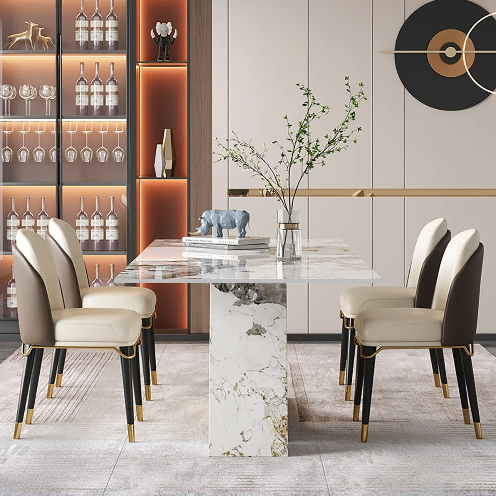 Table de salle à manger rectangulaire moderne en pierre pour 6 personnes avec base en acier inoxydable doré 2000 mm