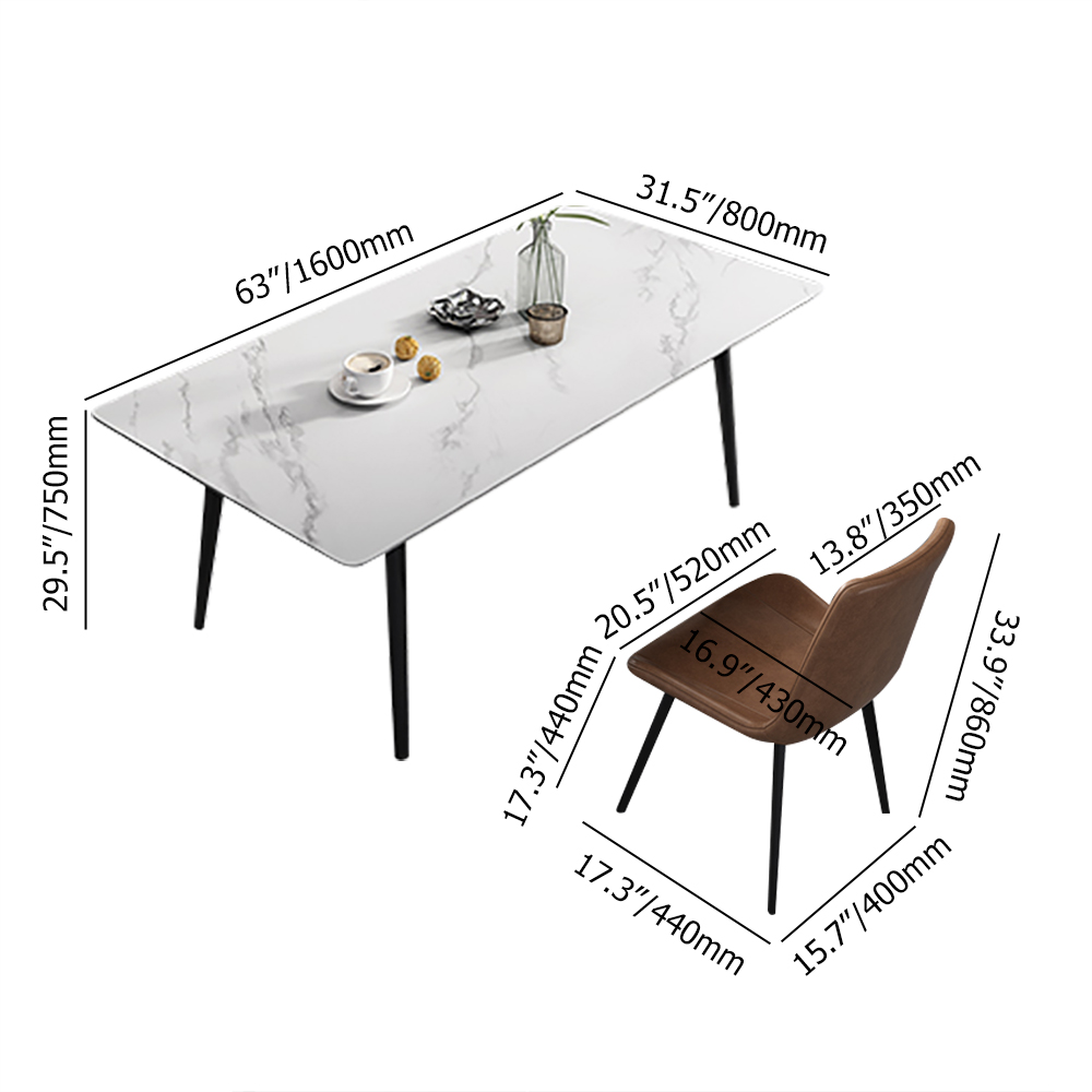 Ensemble de 5 salles à manger minimalistes de 1600 mm avec plateau rectangulaire en pierre mate en blanc