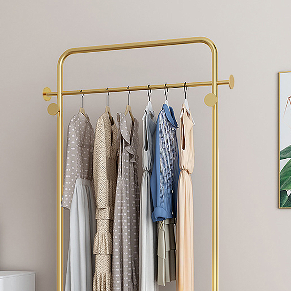 Metal Clothing Stand Freestanding Cloth Rail Stand with Hooks & Marble Base in Gold