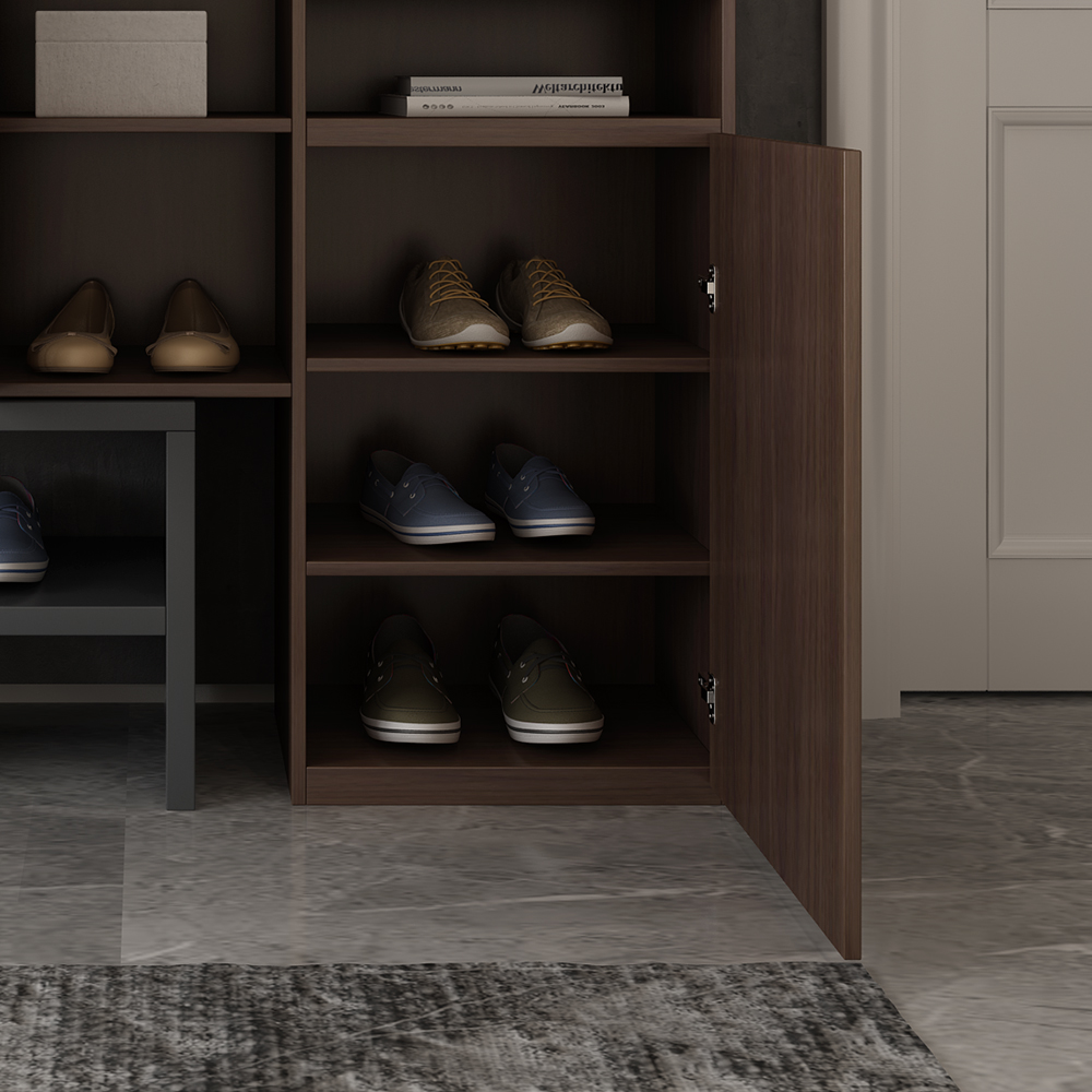 Zapatero esquinero contemporáneo con 7 estantes y 1 cajón en nogal-Homary