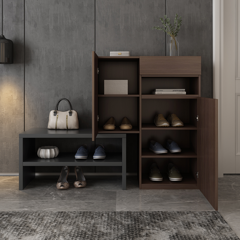 Zapatero esquinero contemporáneo con 7 estantes y 1 cajón en nogal-Homary