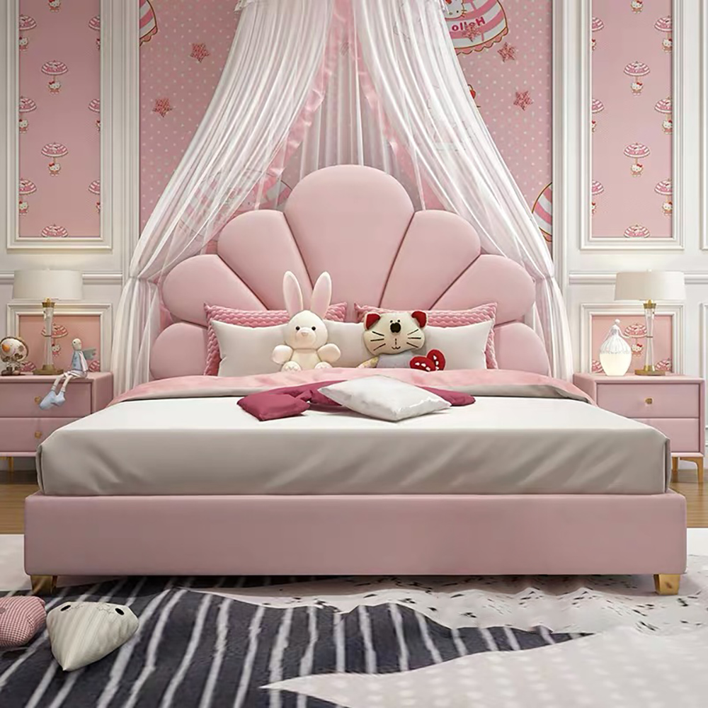 Pink queen platform bed with upholstered floral headboard