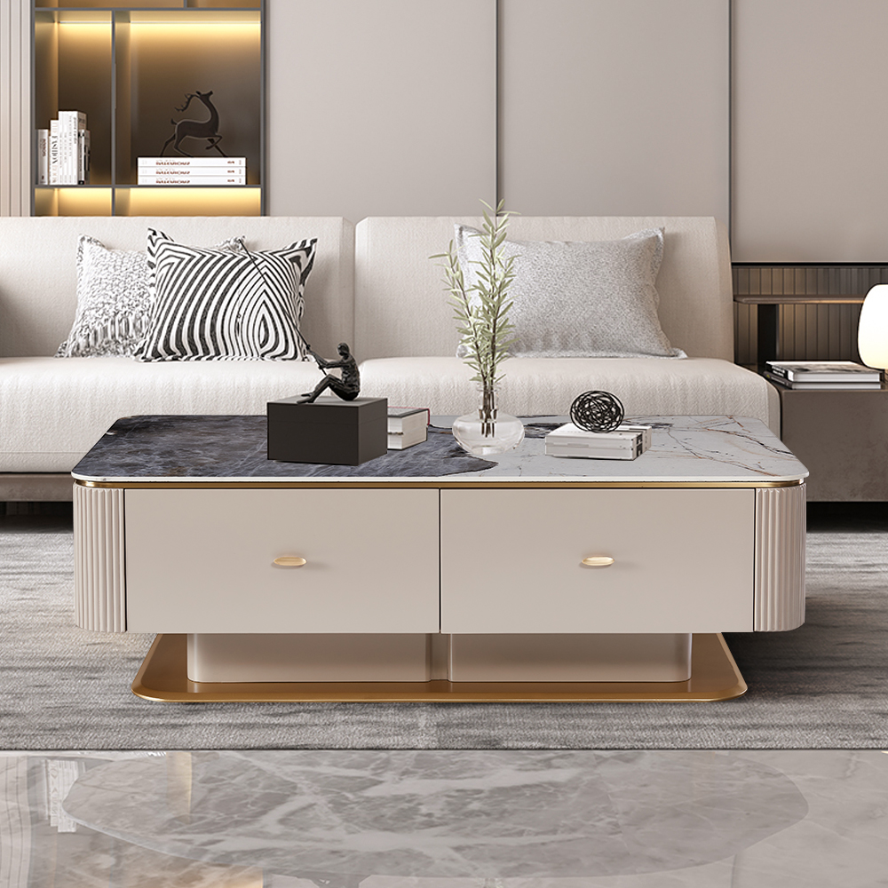 

Contemporary Khaki Rectangular Stone Top Coffee Table with Golden Frame