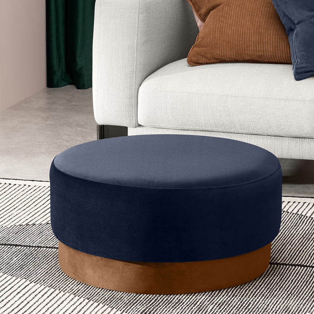 

25.6" Modern Round Blue Ottoman Velvet Upholstered