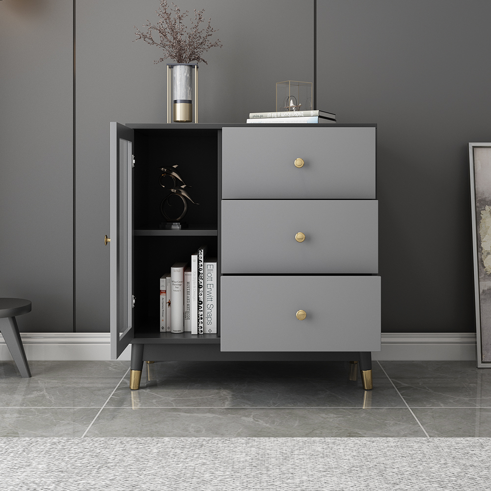 Modern Wooden Side Cabinet with Shelves & Drawers in Gray