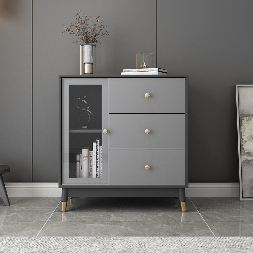 Modern Wooden Side Cabinet with Shelves & Drawers in Gray
