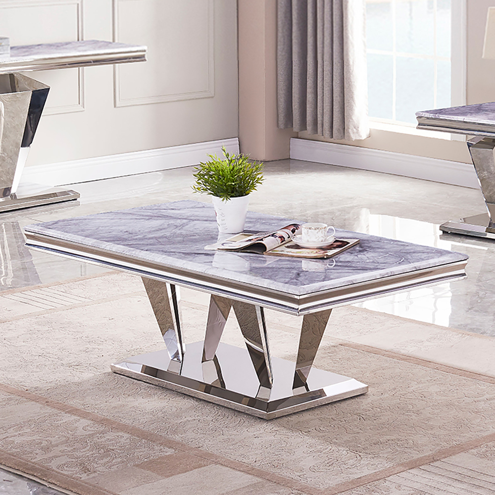 

Rectangular Modern Faux Marble Coffee Table in Gray Stainless Steel Base