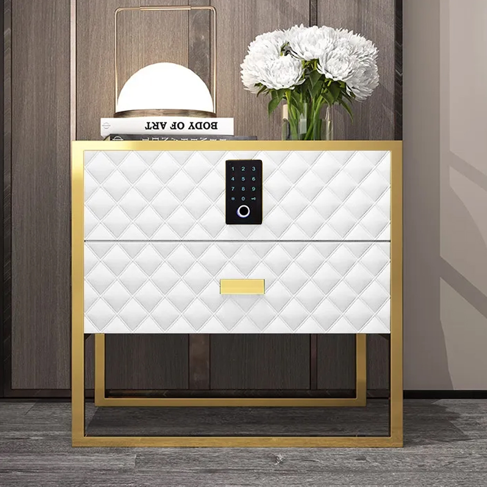 White 2 Drawers Bedroom Nightstand with Electronic Lock Stainless Steel Base
