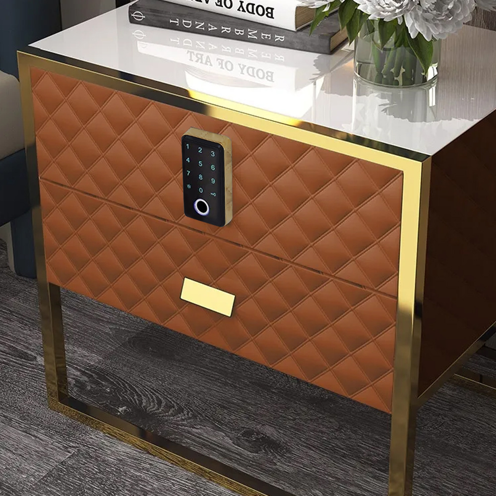 Orange 2 Drawers Bedroom Nightstand with Electronic Lock Stainless Steel Base