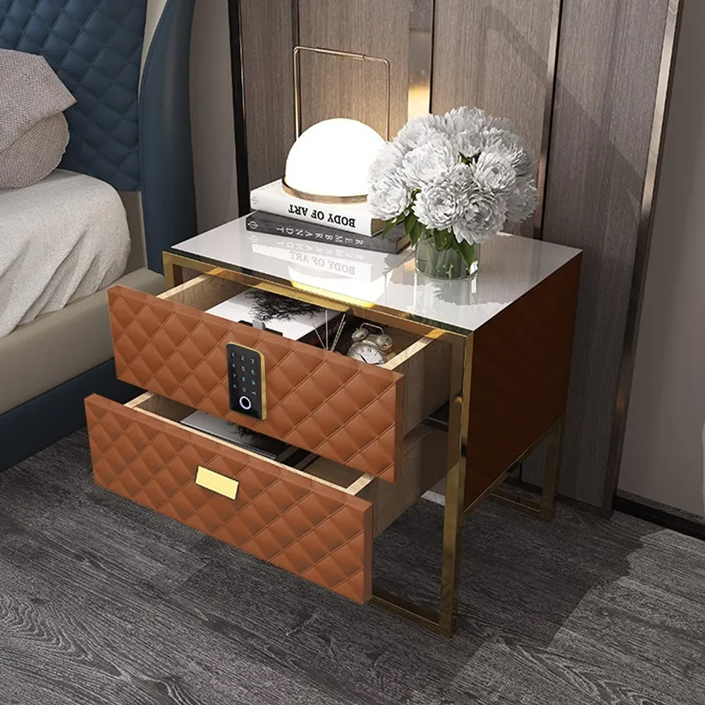 Orange 2 Drawers Bedroom Nightstand with Electronic Lock Stainless Steel Base