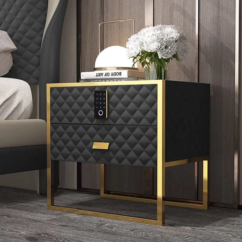 Image of Black 2 Drawers Bedroom Nightstand with Electronic Lock Stainless Steel Base