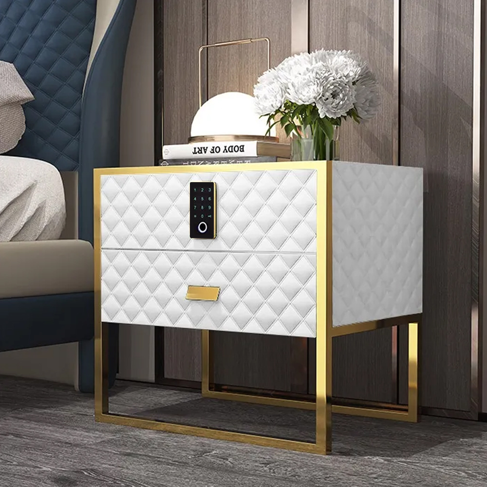 White 2 Drawers Bedroom Nightstand with Electronic Lock Stainless Steel Base