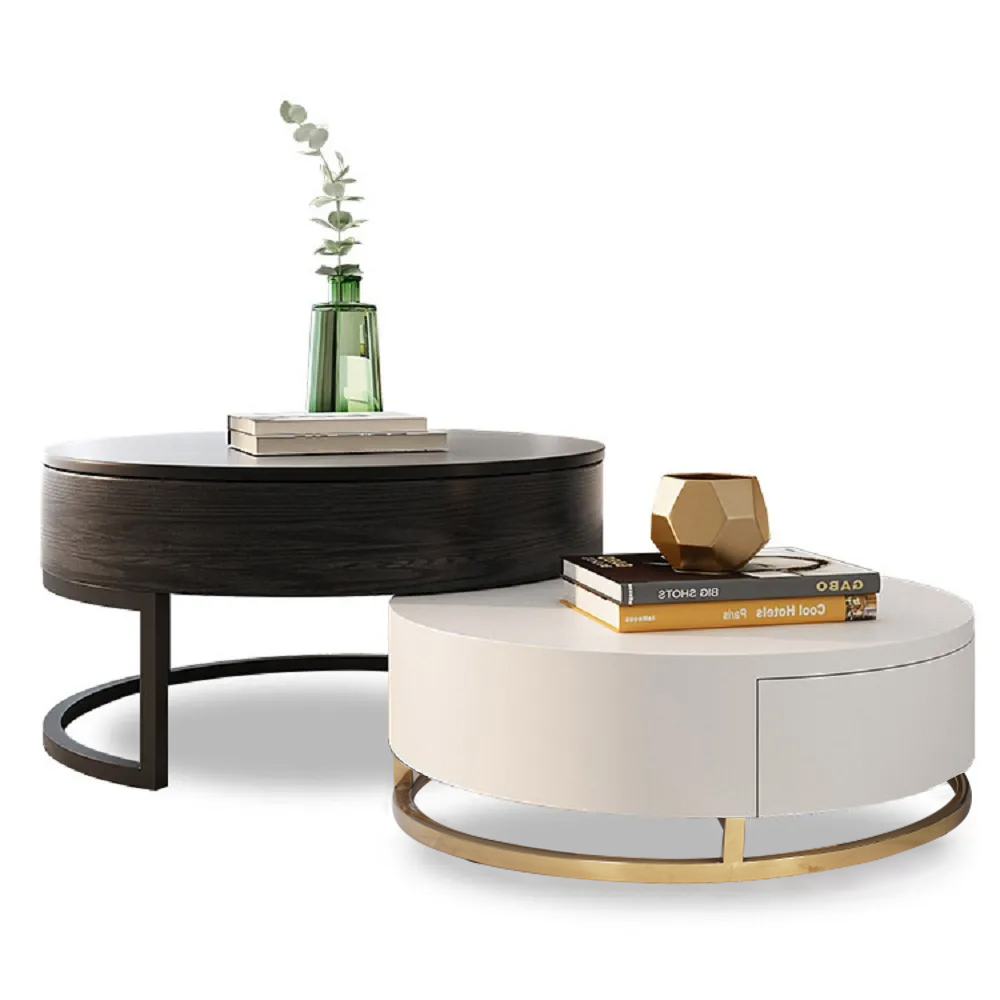 Table basse gigogne moderne en bois avec tiroirs, blanc et noir