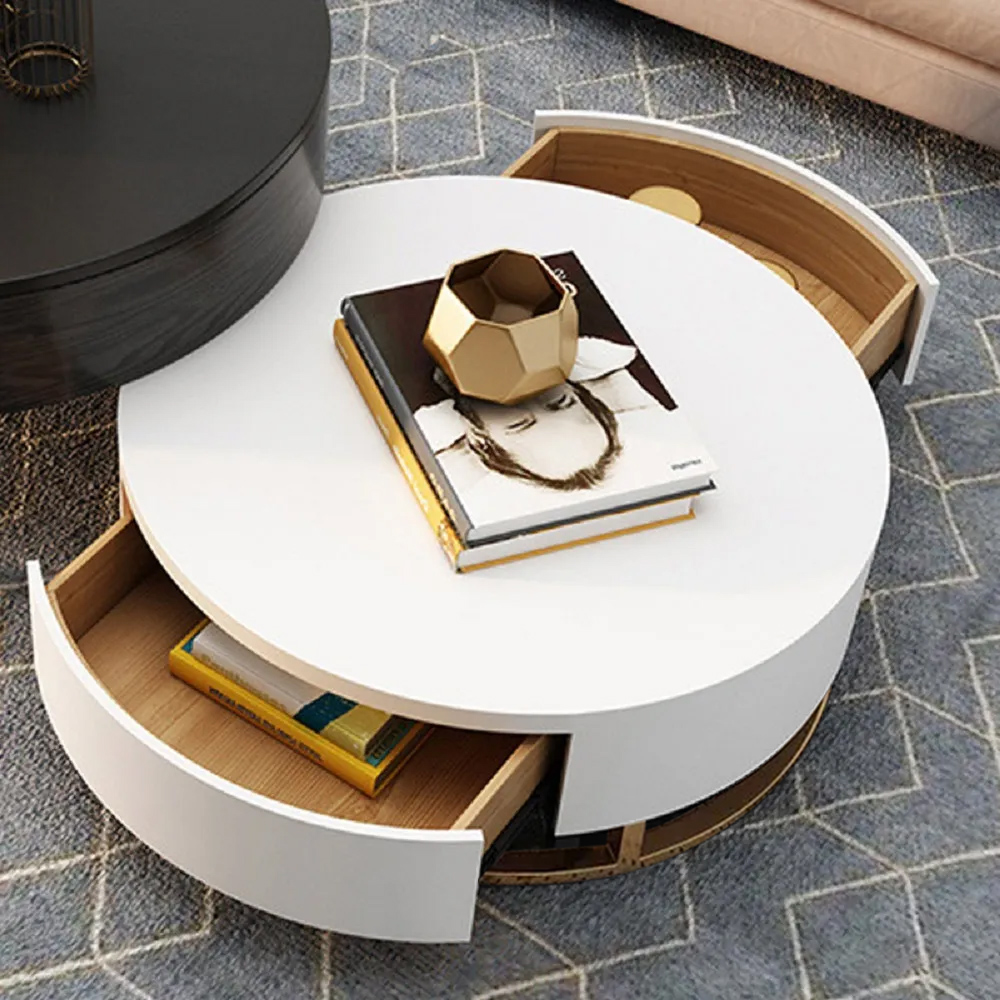 Table basse gigogne moderne en bois avec tiroirs, blanc et noir