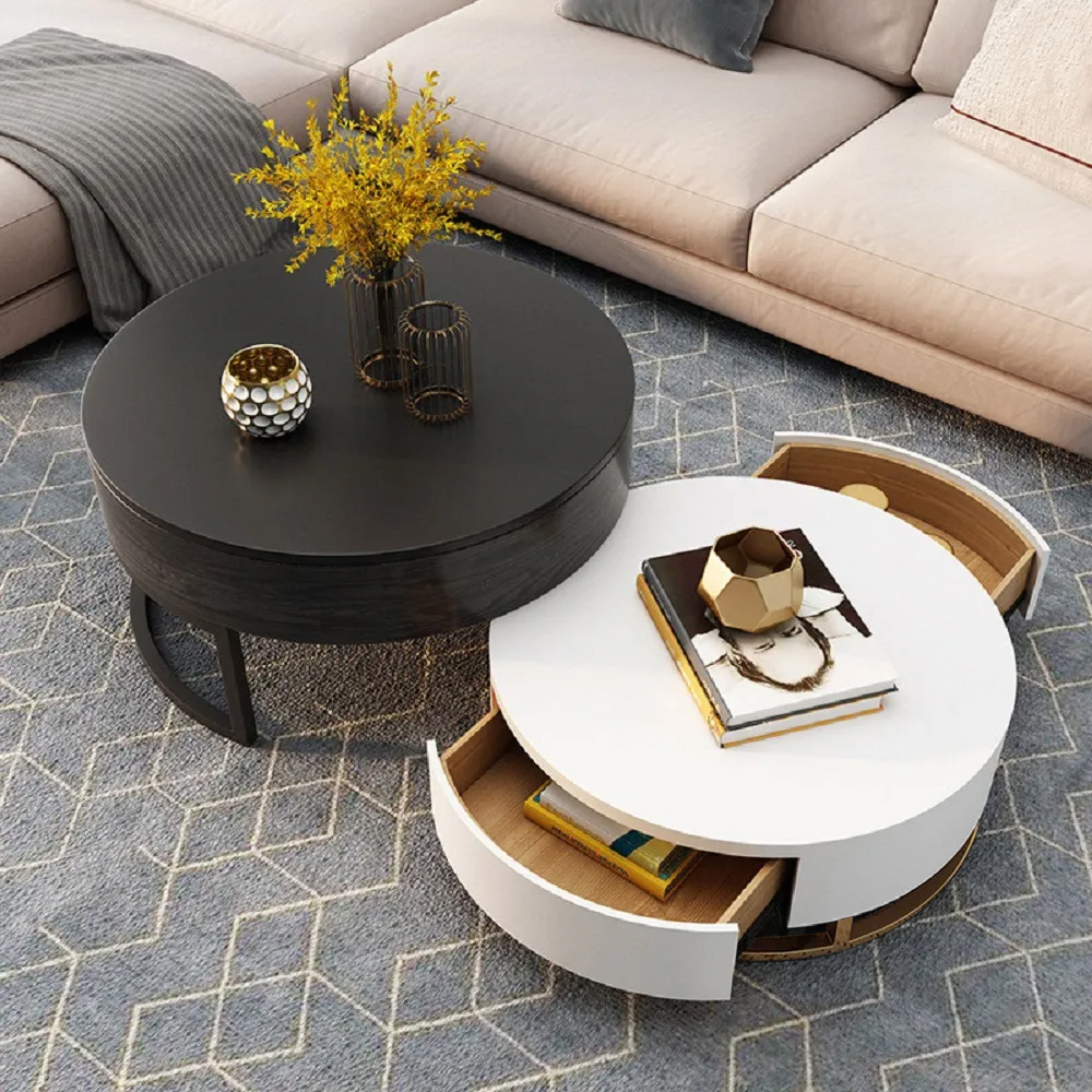 Moderna mesa de centro redonda con cajones de madera, color blanco y negro