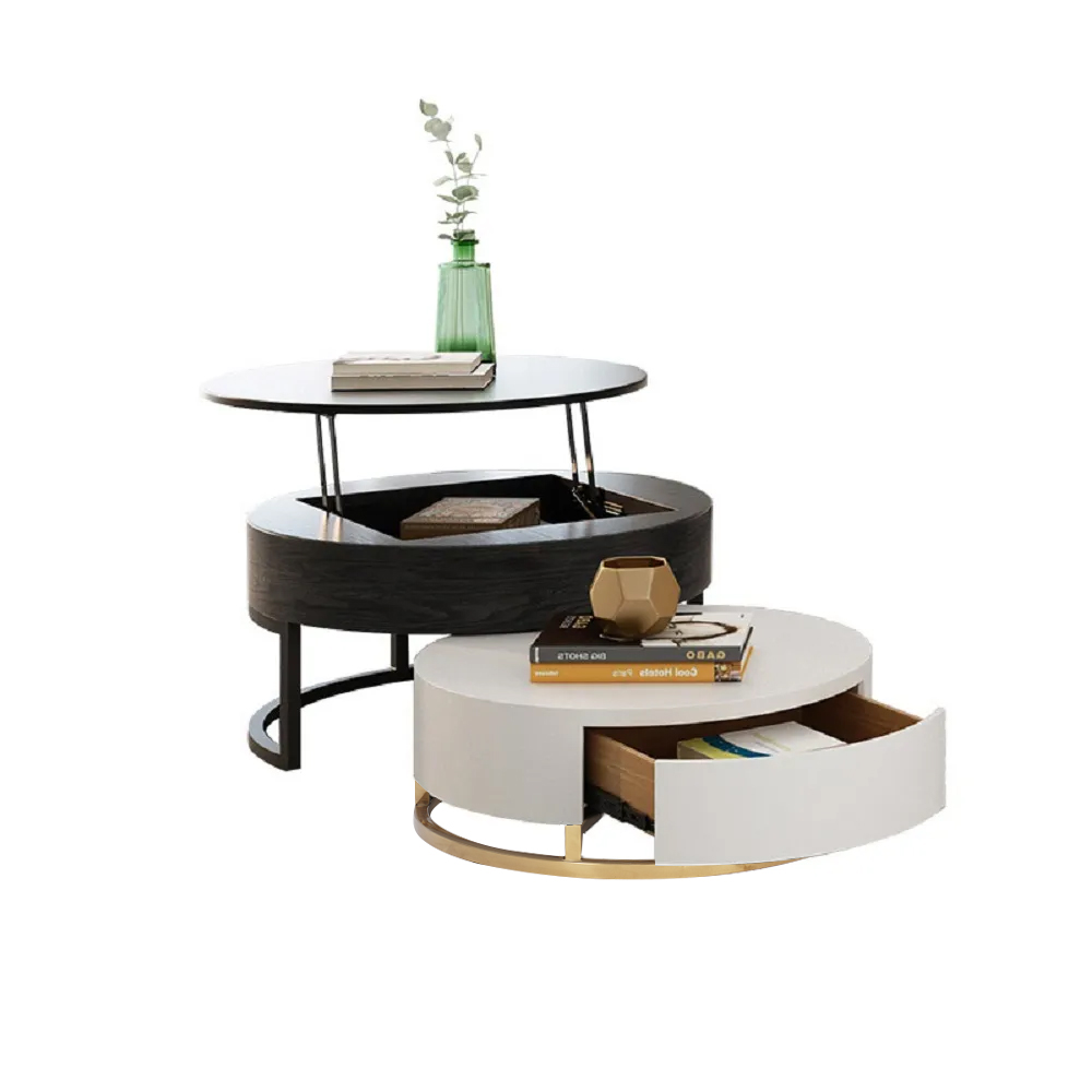 Modern Round Lift-top Nesting Wood Coffee Table with Drawers White & Black
