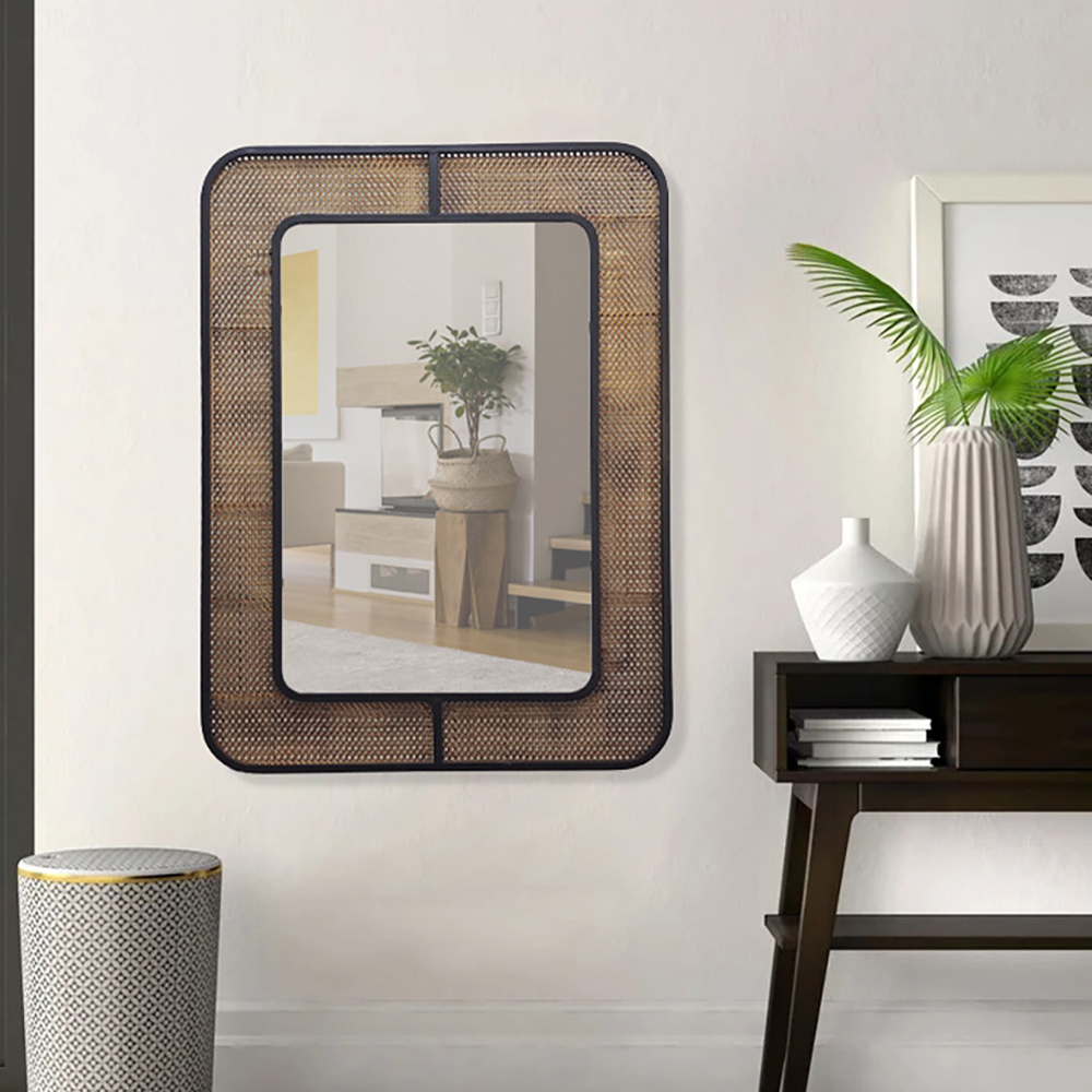 

Vintage Brown Rectangle Wall Mirror Metal Home Hanging Art