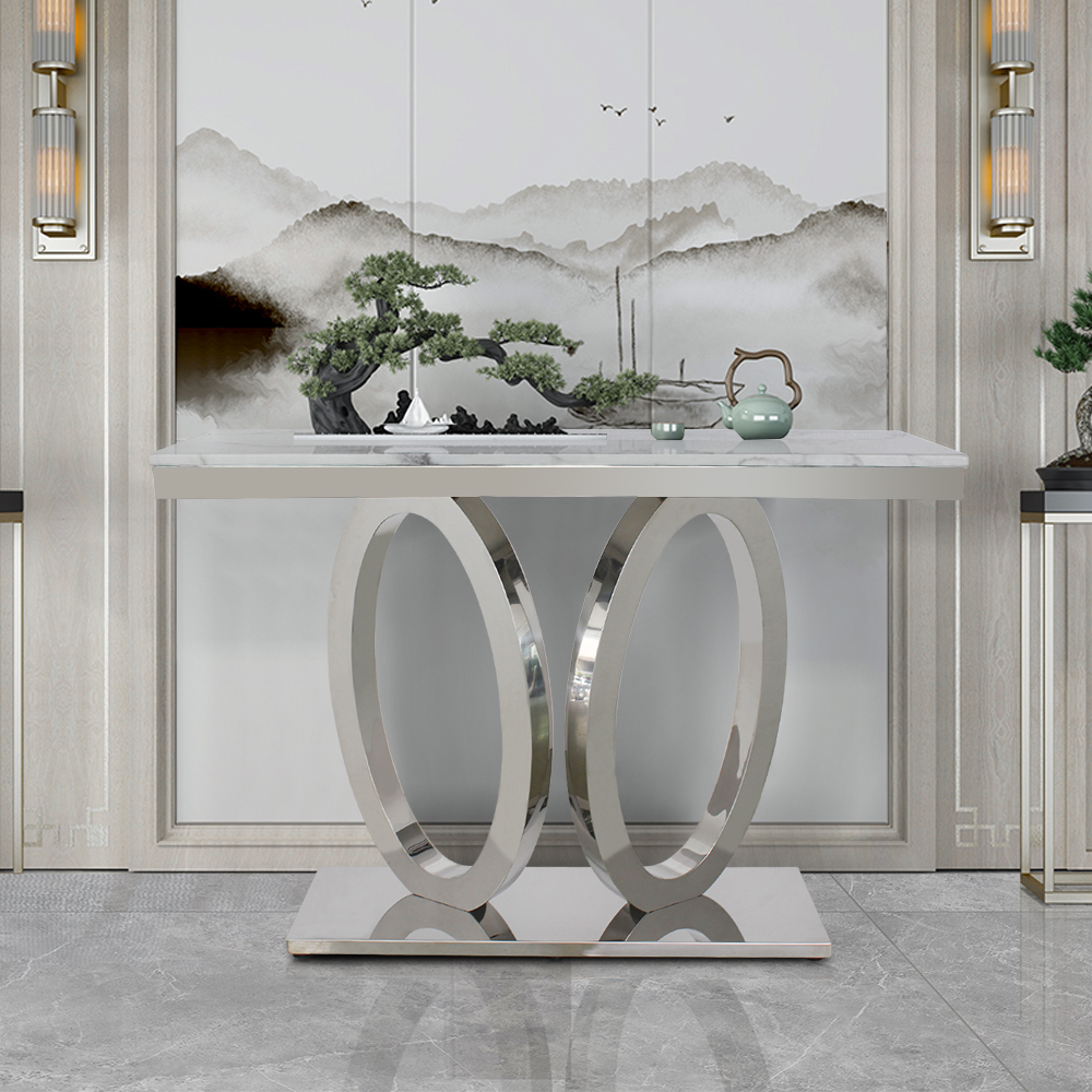 

Rectangular Faux Marble Top Console Table Stainless Steel Round Base