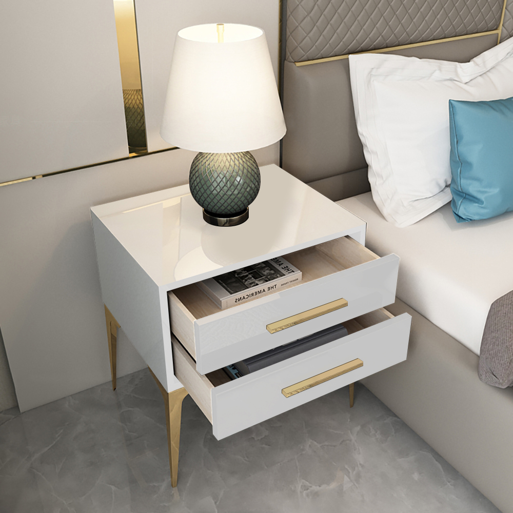 Modern White Nightstand Glossy 2-Drawer Bedside Cabinet High Legs