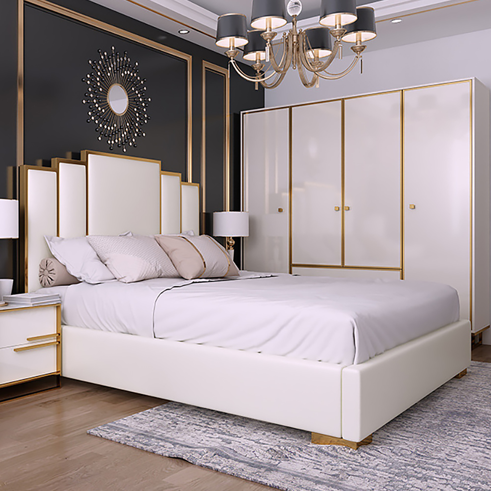 

Modern Faux Leather Queen Upholstered Bed in White Geometric Headboard Included