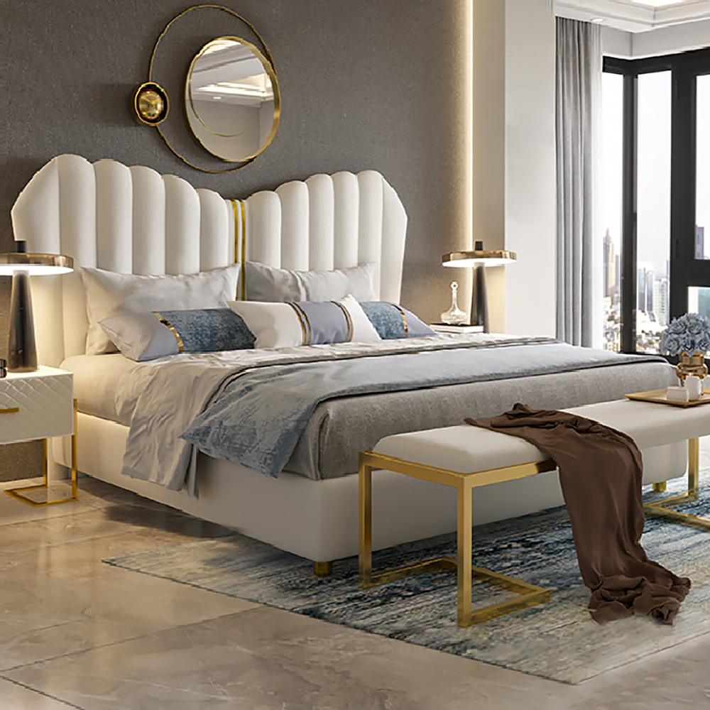 White Platform Bed Low Profile Bed Frame with Upholstered Headboard, Cal King