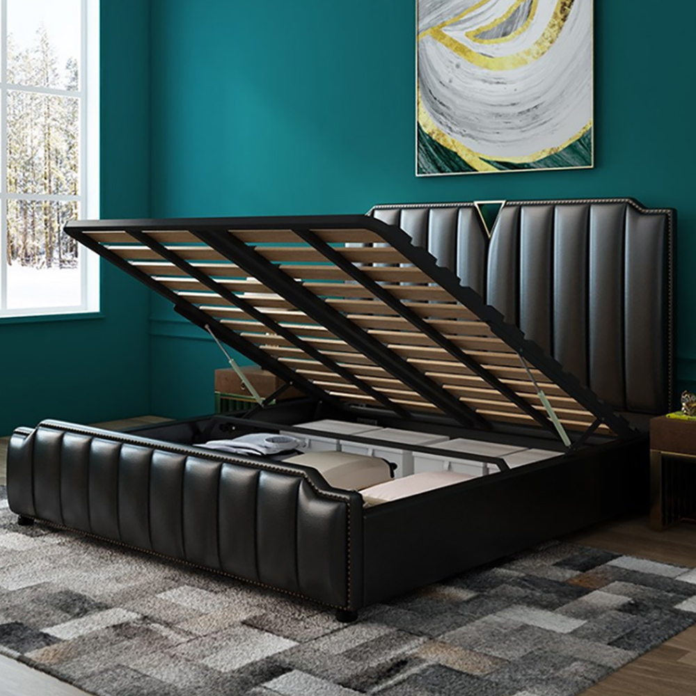 

Modern Black Platform Bed Upholstered Bed with Vertical Channel Headboard & Storage