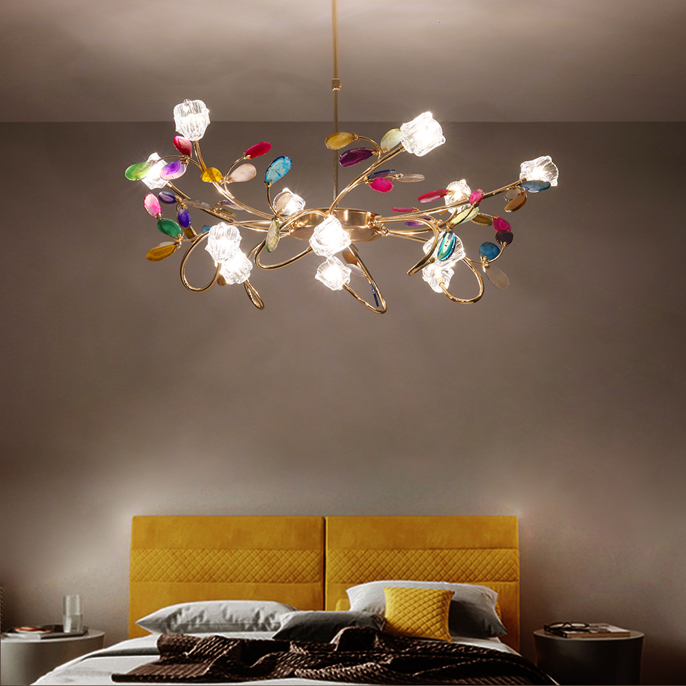 

Modern 12-Light Branching Agate Chandelier with Adjustable Hanging Rod in Gold