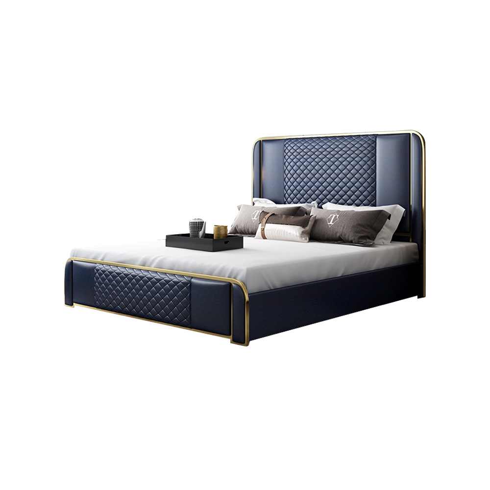 Cal King Faux Leather Bed in Blue with Upright Headboard
