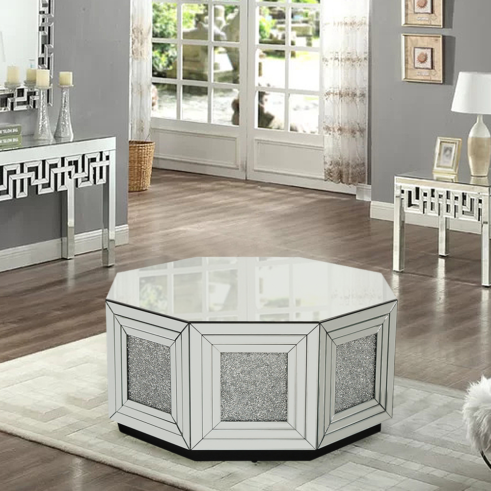 

Octagonal Silver Glass Coffee Table with Drum Base and Glitter Accents