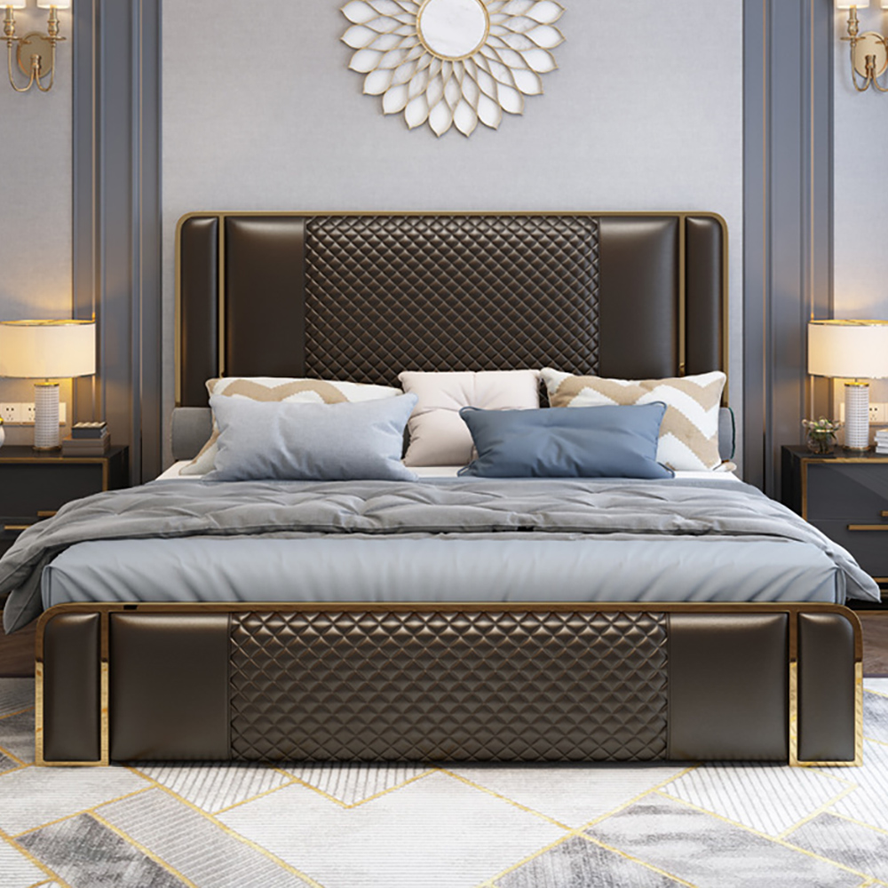 

Modern Queen Faux Leather Platform Bed with Brown Headboard