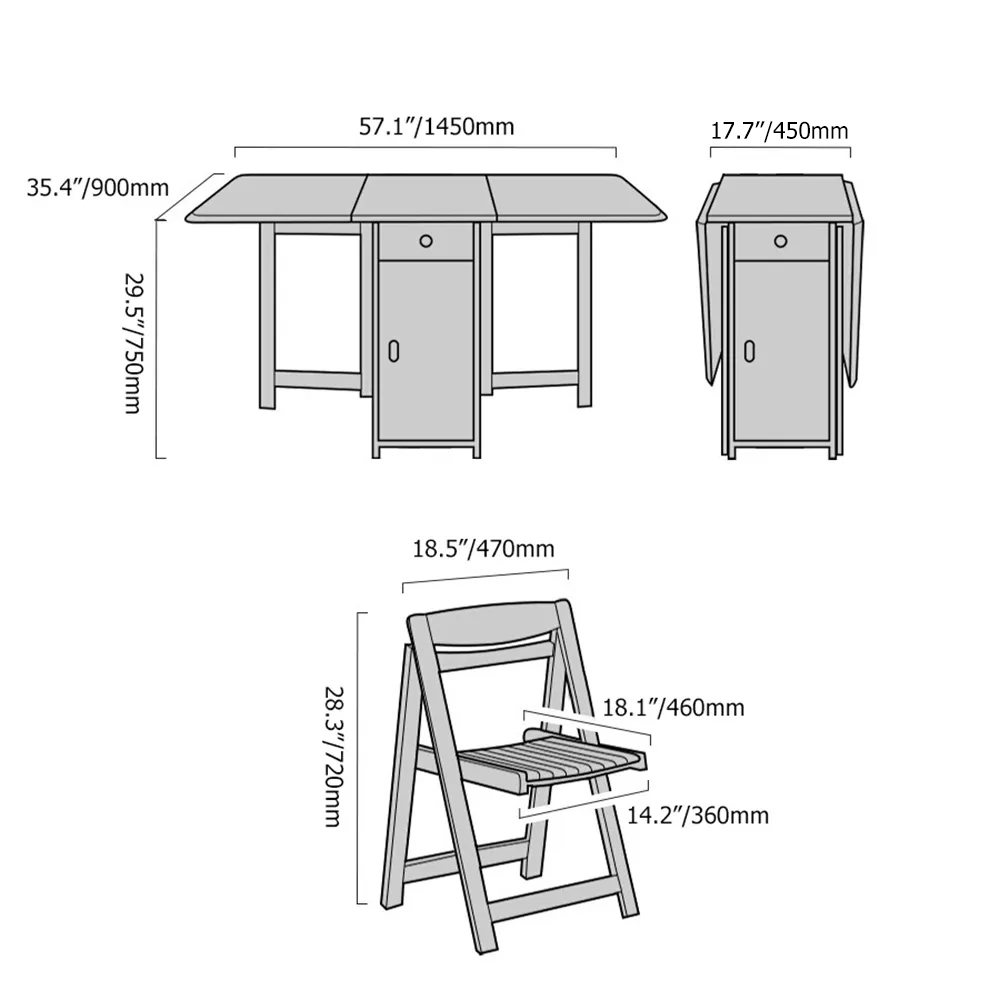 57" Modernes, zusammenklappbares Massivholz, 5-teiliges Esstisch-Set mit 4 Stühlen