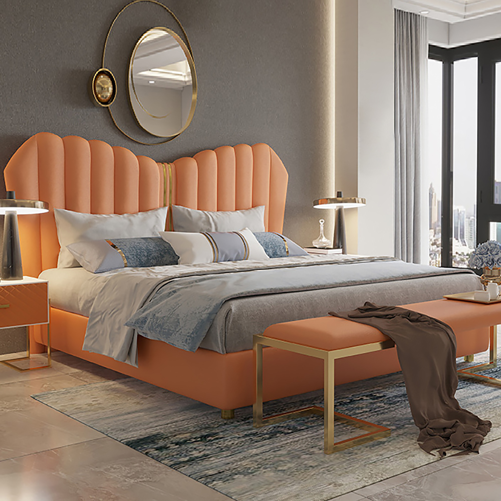 

Orange Platform Bed Low Profile Bed Frame with Upholstered Creative Headboard