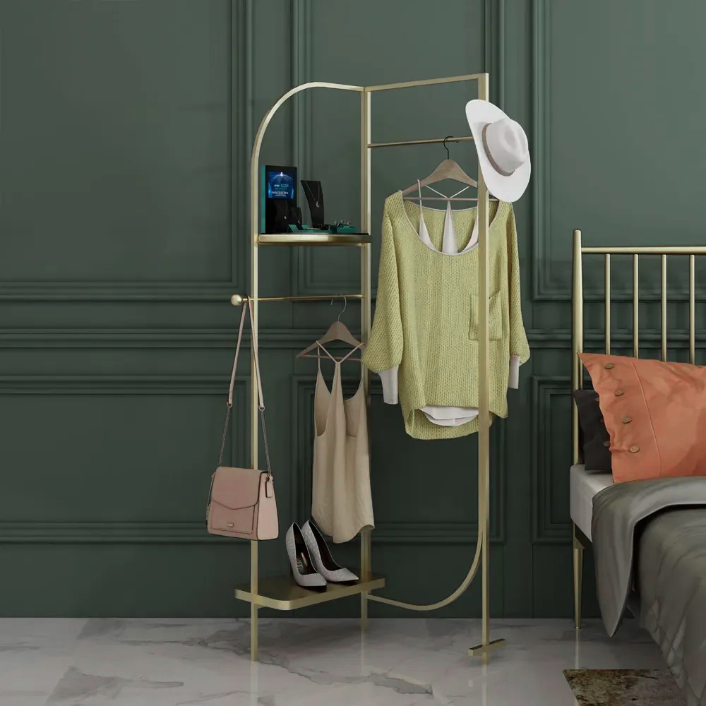 Modern Gold Freestanding Clothes Rack with 2 Shelf and Hanging Rod