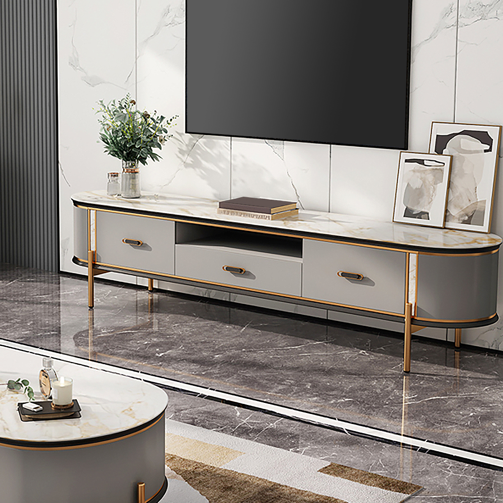 

Modern Gray 79" Stone-Top TV Stand with Drawers and Stainless Stainless Legs in Gold