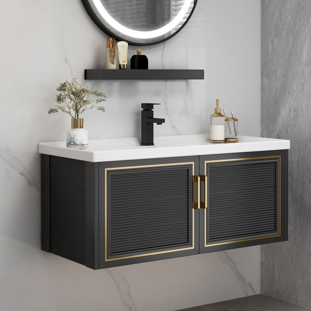 

28" Black Floating Bathroom Vanity Set Drop-In Ceramic Sink with Gold Hands