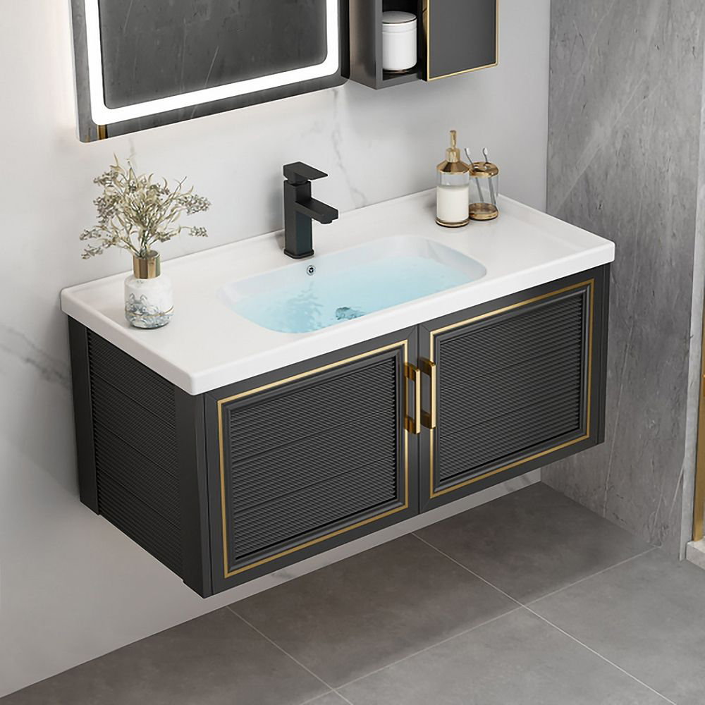 1010mm Black Floating Bathroom Vanity Set Drop-In Ceramic Basin with Cabinet