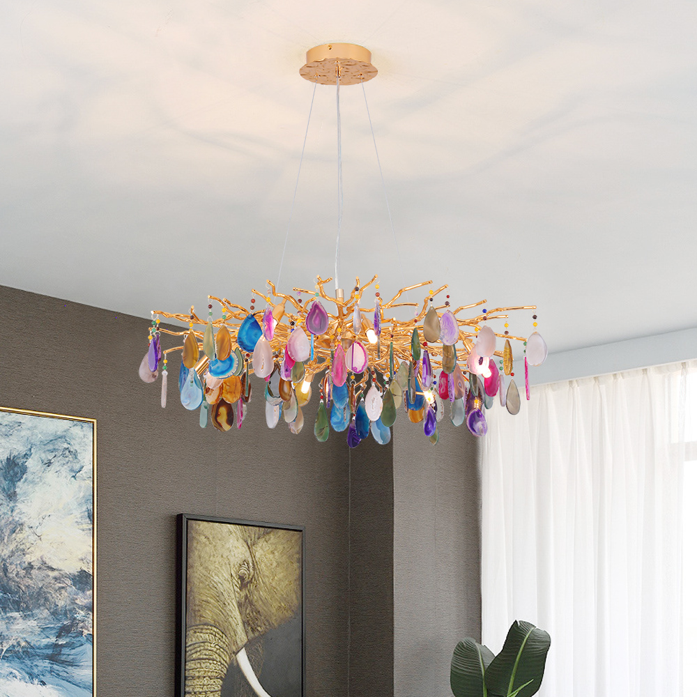 

Modern 8-Light Branching Agate Chandelier with Adjustable Cables in Gold