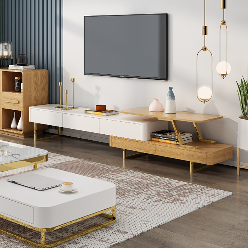 

Modern White & Natural Extendable TV Stand with 3-Drawer