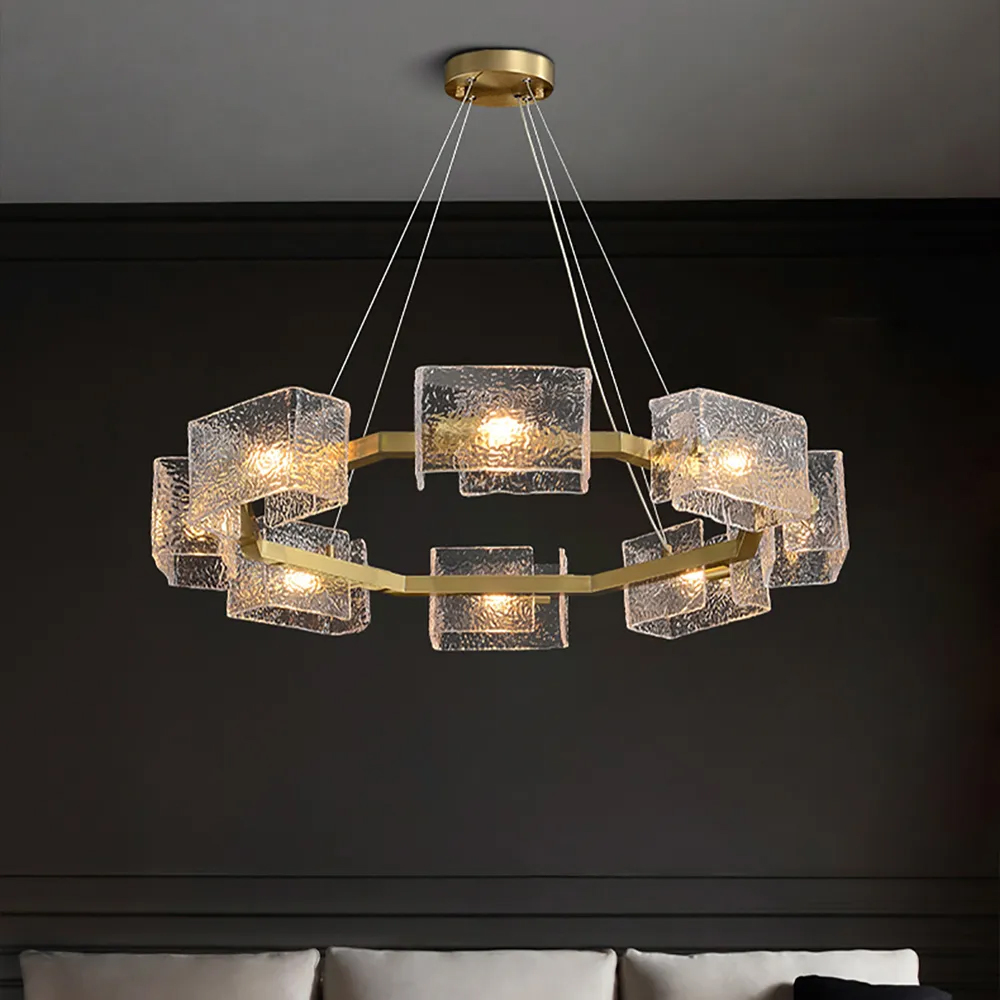 

Modern 8-Light Water-ripple Glass Chandelier Brass Octagonal Frame