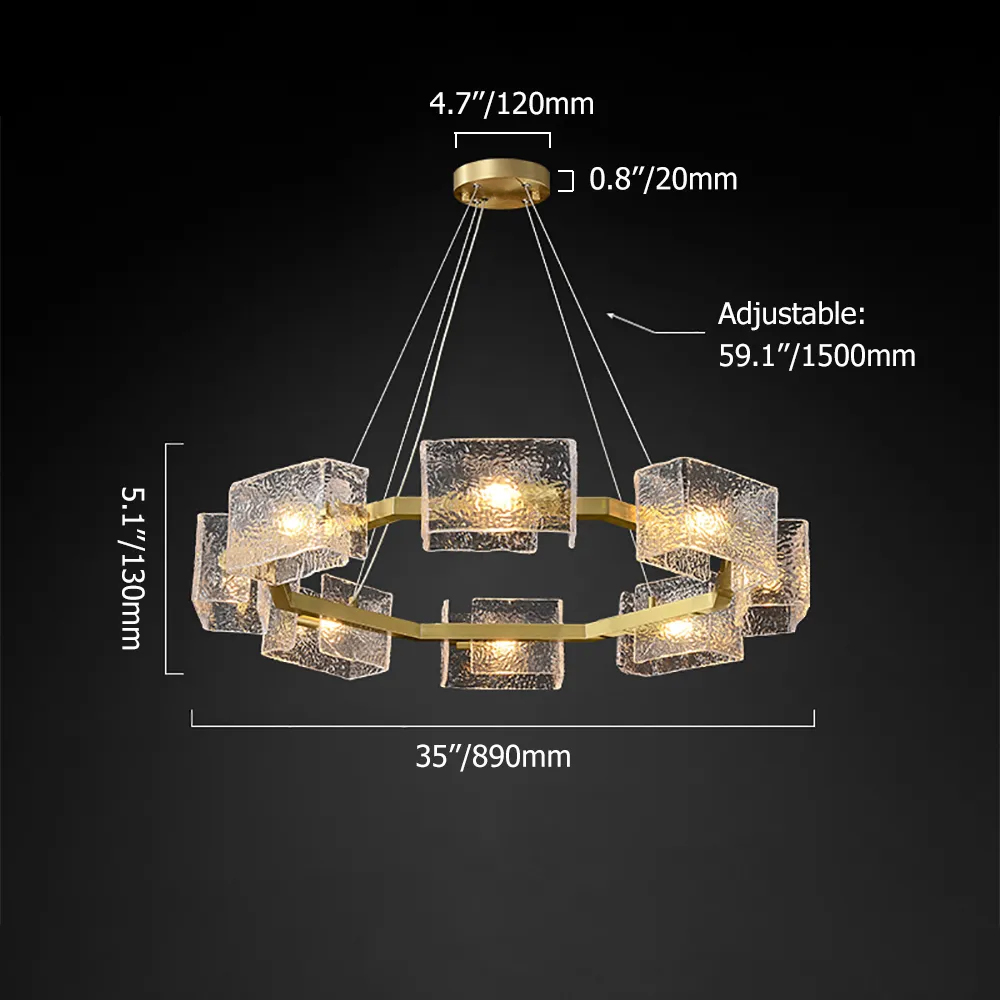 Modern 8Light Waterripple Glass Chandelier Brass Octagonal FrameHomary