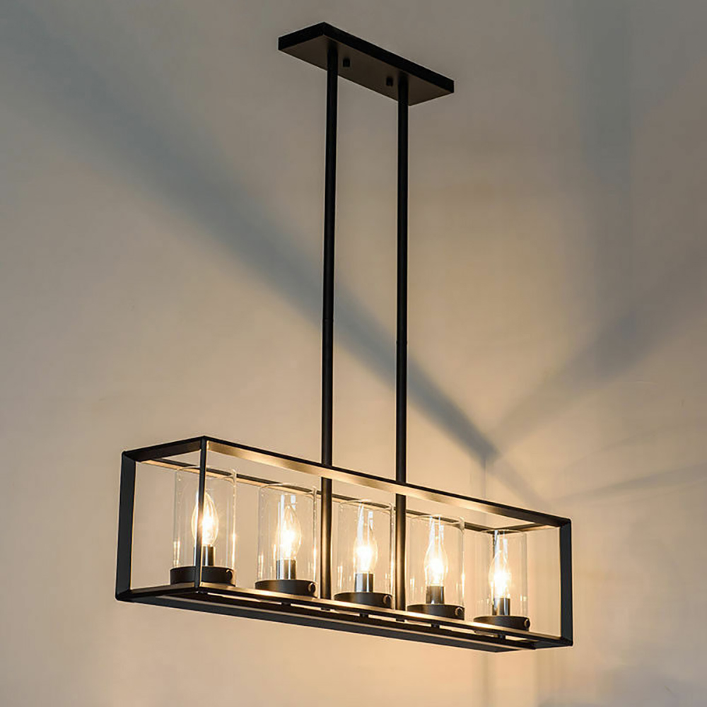 Black Metal Frame 5Light Kitchen Island Linear Pendant Light Modern