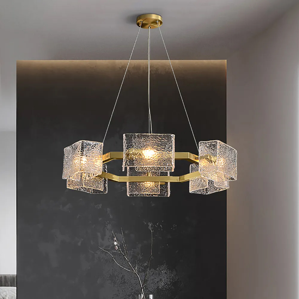 Modern 8Light Waterripple Glass Chandelier Brass Octagonal FrameHomary