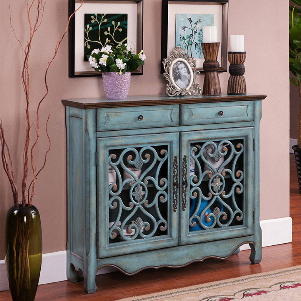 

Farmhouse Distressed Blue 2 Door Accent Cabinet with Drawers & Storage Shelves Buffet Sideboard Solid Wood