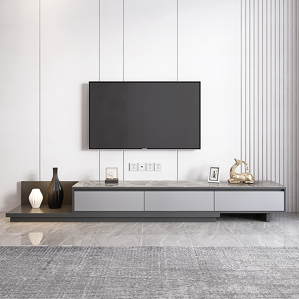 Fero Modern Black Extendable Sintered Stone & Wood TV Stand with 3 Drawers Up to 120"