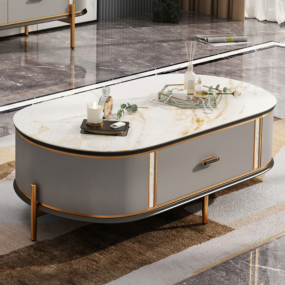 

Oval White & Gold Coffee Table with Stone Top & Drawers