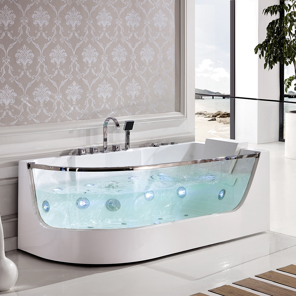 65" Led Whirlpool Water Massage Bathtub In White With Tub Filler