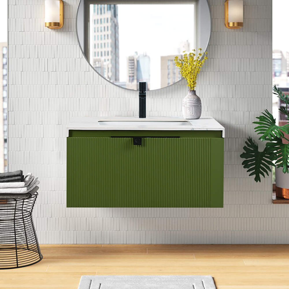 

32" Floating Green Bathroom Vanity with Ceramic Integral Sink & One Drawer
