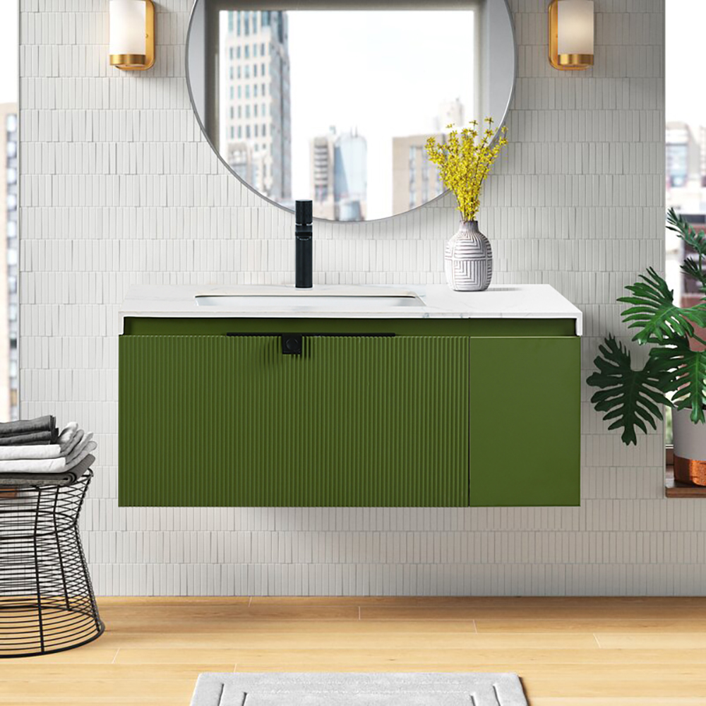 39" Floating Green Bathroom Vanity With Ceramic Integral Sink & One Drawer
