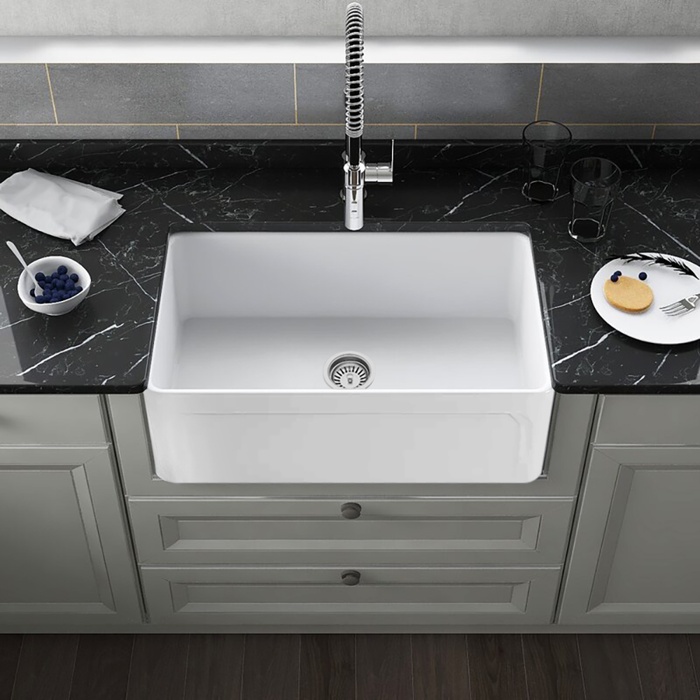 30" Fireclay Kitchen Sink Rectangular Undermount Single Bowl in Glossy White