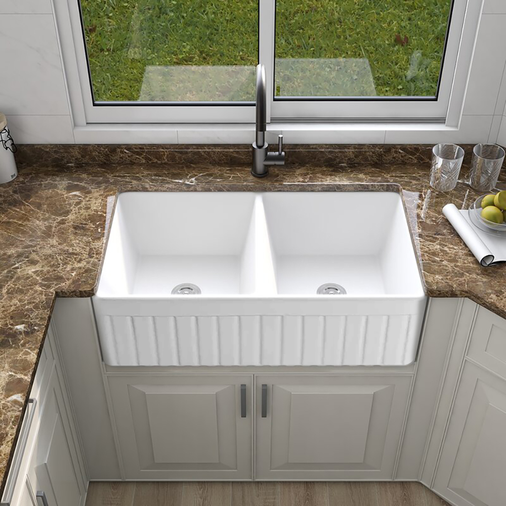 33" Farmhouse Kitchen Sink Fireclay Rectangular Undermount Double Bowl in Glossy White
